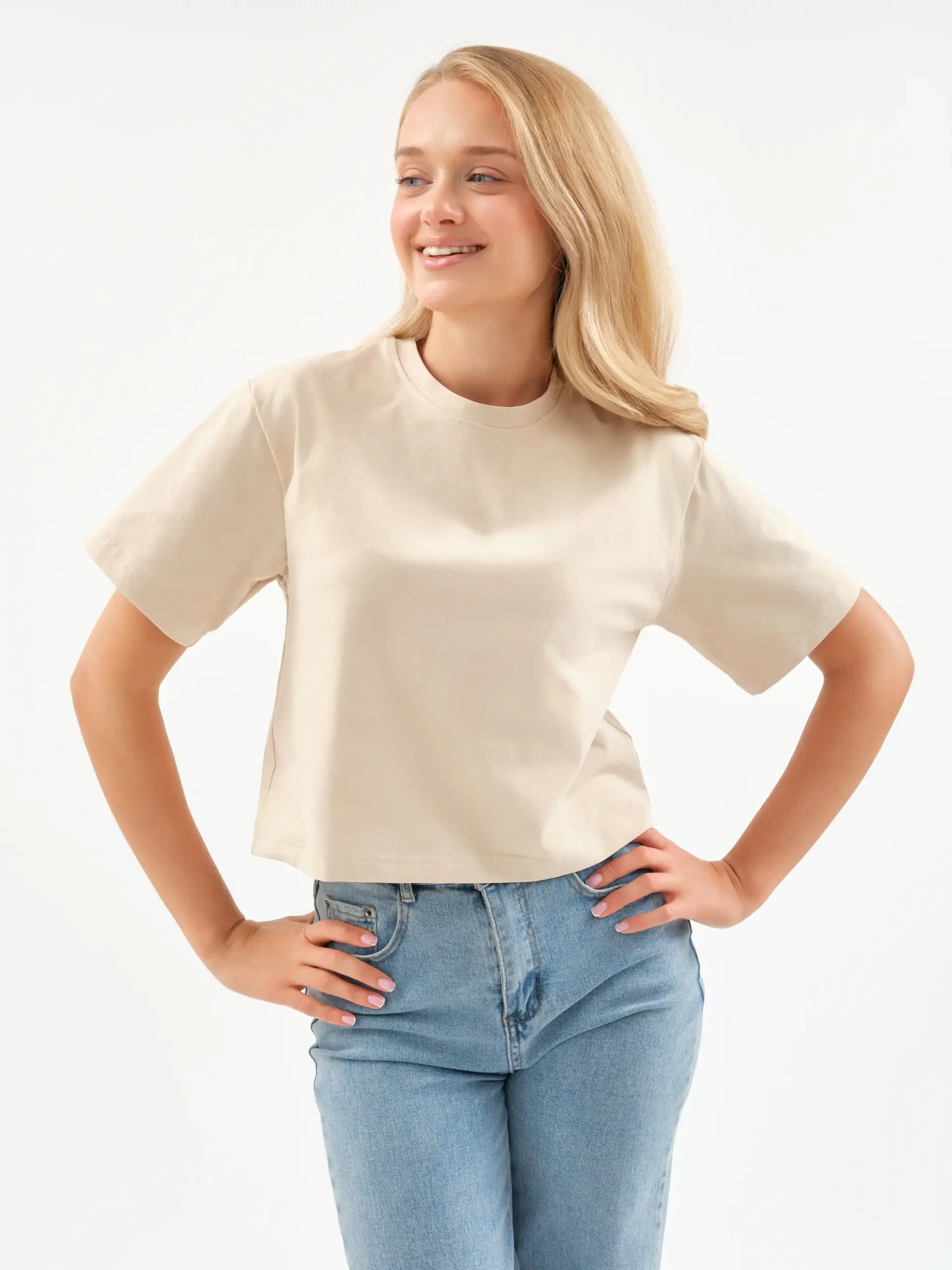 2683 футболки 7ф_0041 Женская футболка оверсайз EverHarmony PREMIUM, хлопковая укороченная — изображение 1